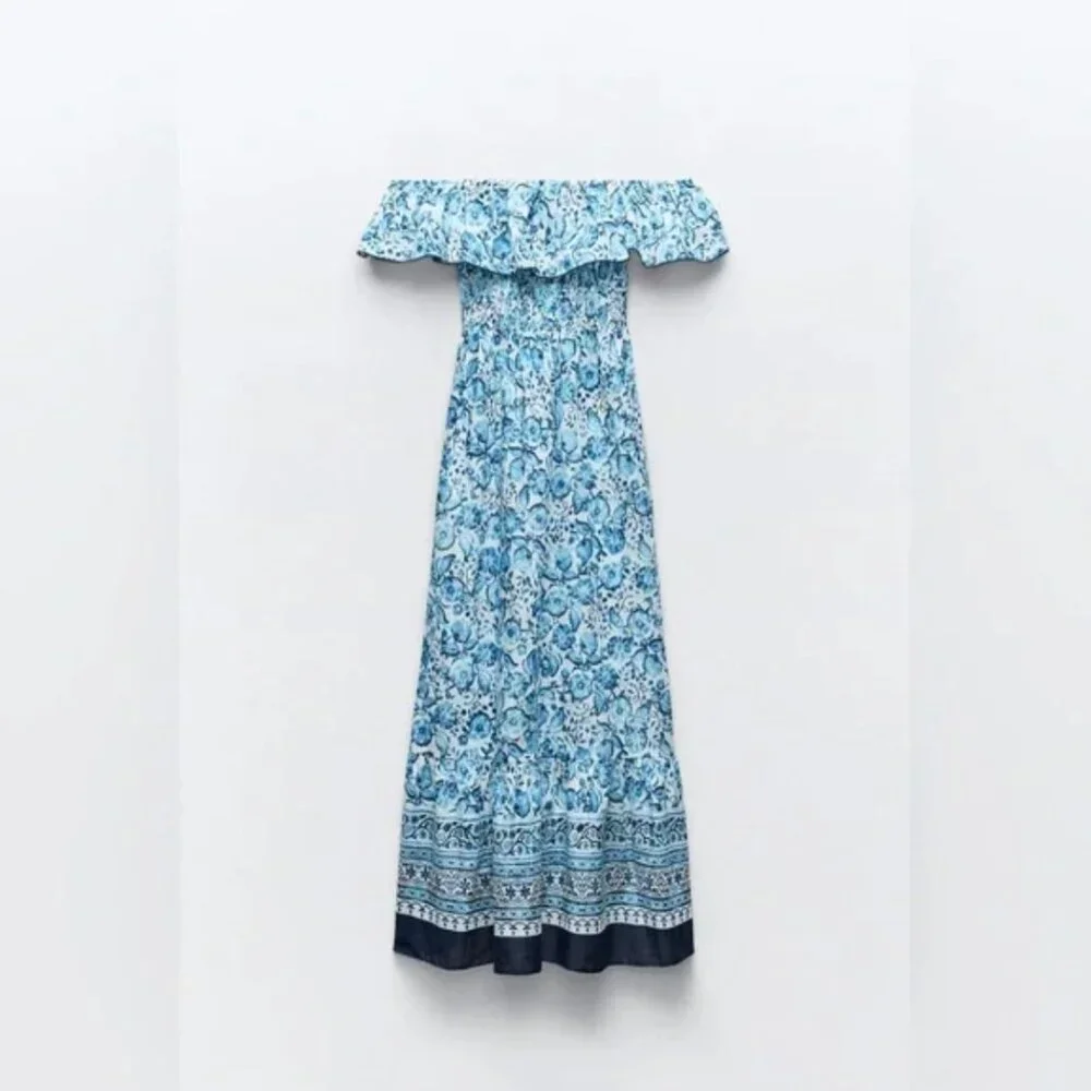 Zara Floral Print Off The Shoulder Dress XS - Picture 6 of 7